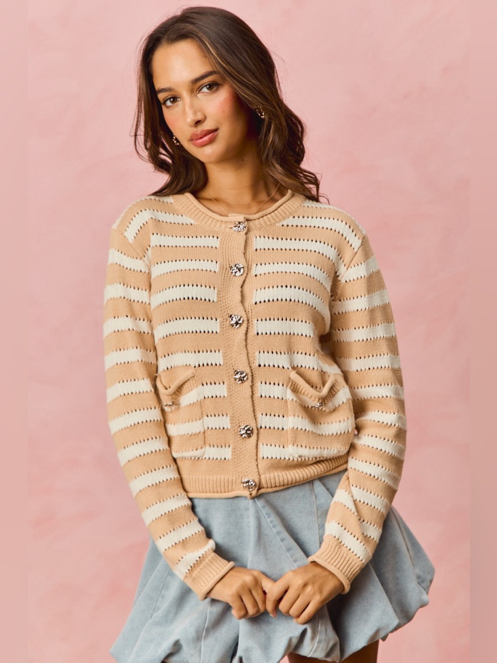 SO ME Stripe Long Sleeves Button Sweater Cardigan